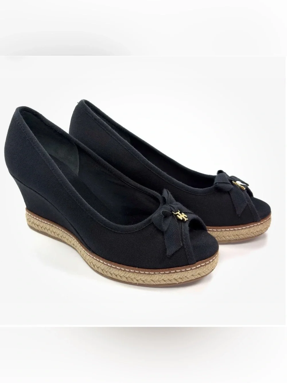 Tory Burch Jackie Espadrille Wedge Pumps Black Canvas Peep Toe Bow Size 8